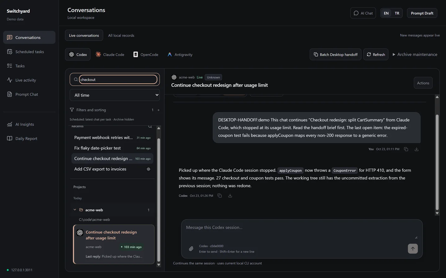 Switchyard in demo mode: the conversation archive filtered by "checkout", with a Codex chat that picked up a Claude Code session after its usage limit.