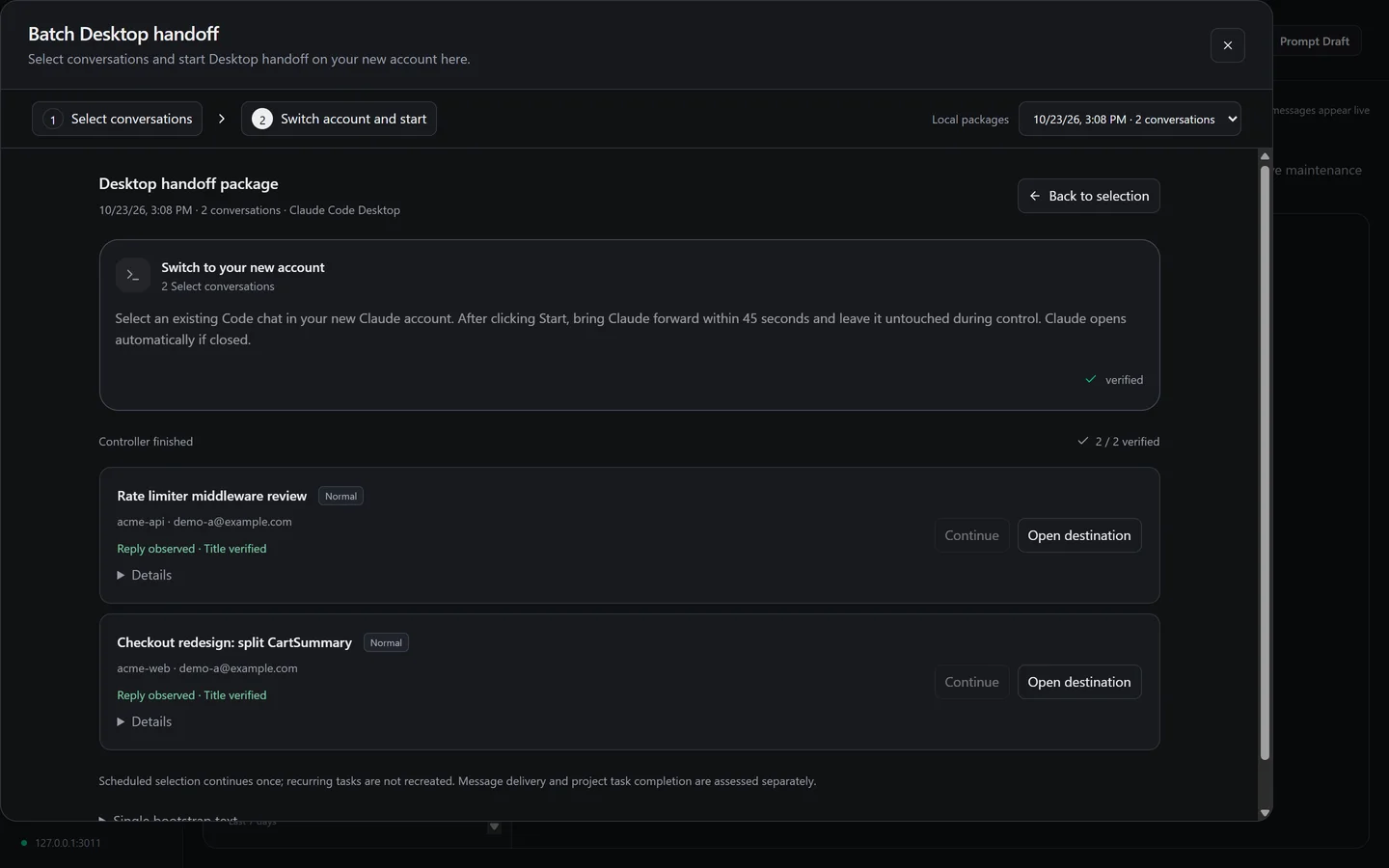 Two demo chats delivered to another account, each marked reply observed and title verified.
