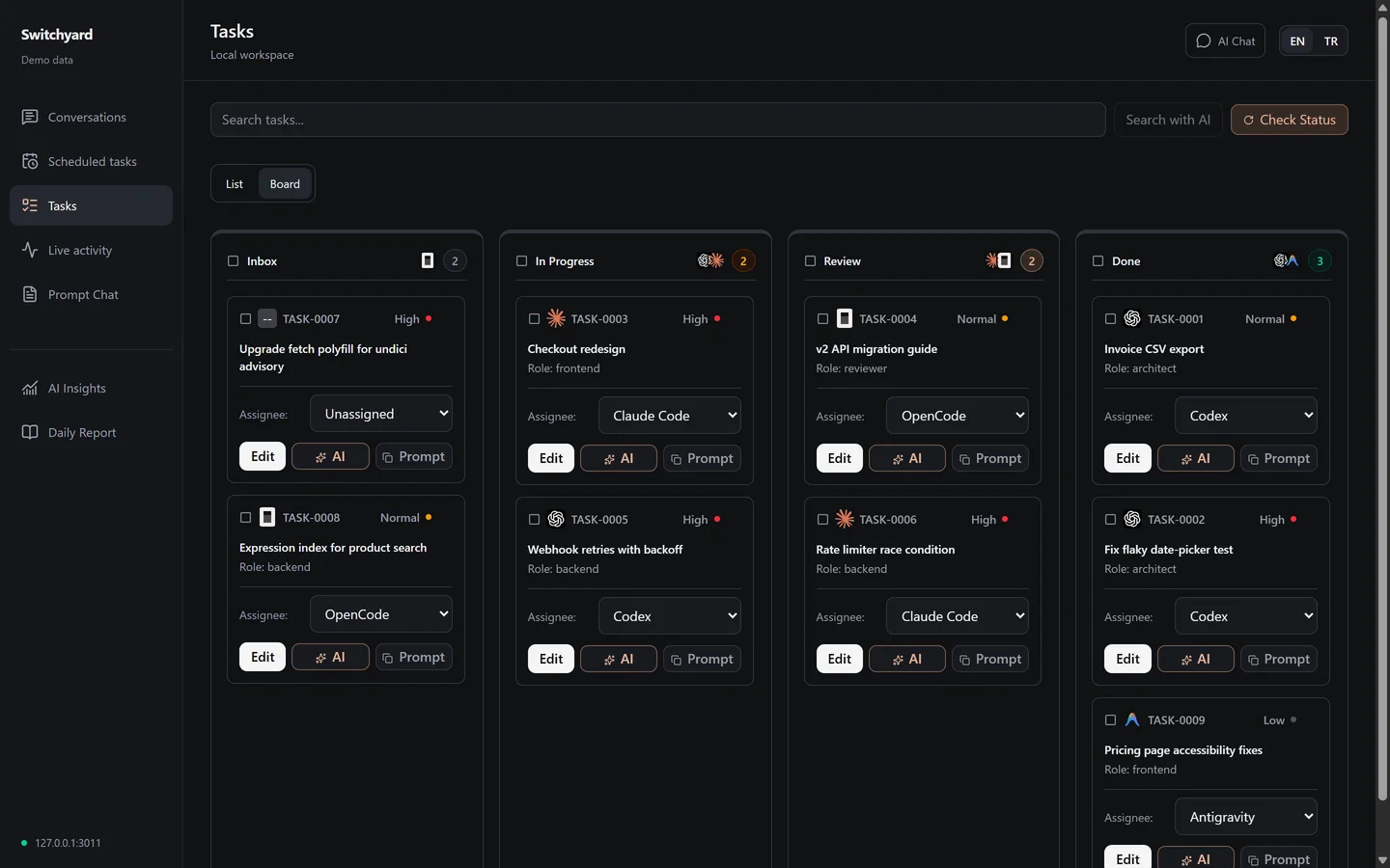 The Switchyard task board in demo mode.