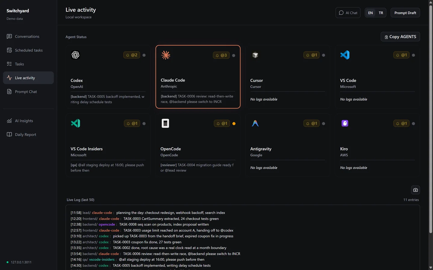 The live activity page: a grid of agents by tool and a log of what each one reported.