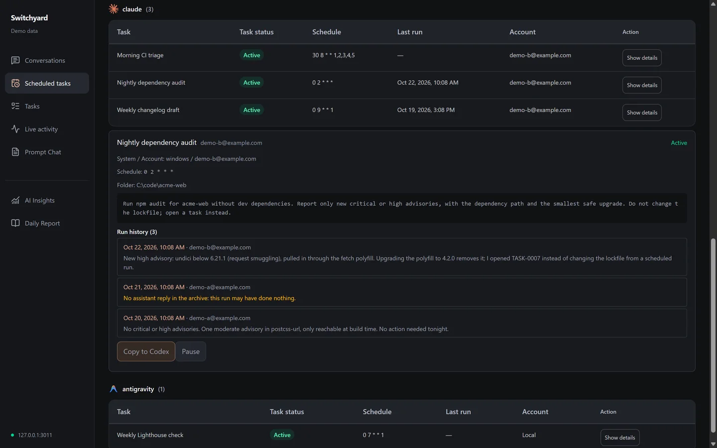 Scheduled tasks with a run history; one run is flagged because it produced no reply.