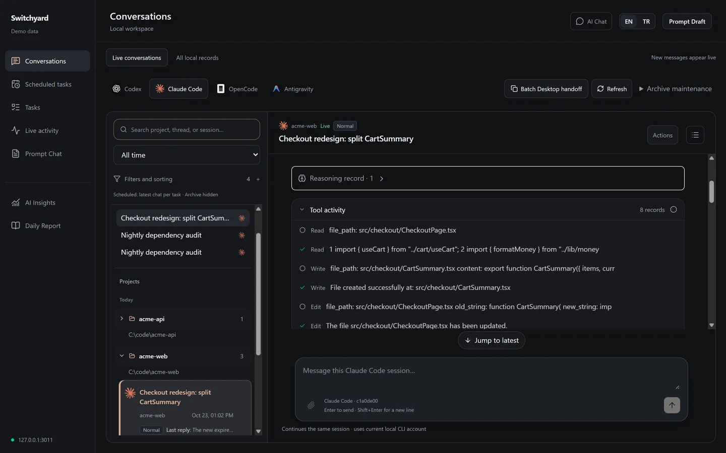A Claude Code transcript in Switchyard with its tool activity and the reply box.